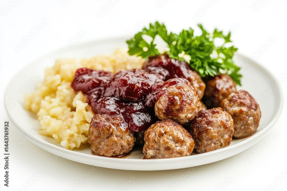 Swedish meatballs, isolated on plate, white background. AI generated illustration. Swedish meatballs, isolated on plate, white background. AI generated illustration.