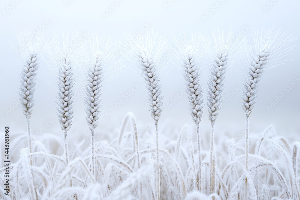 Fototapeta premium Delicate frost covers a golden wheat field, set against the backdrop of a foggy morning sky at dawn