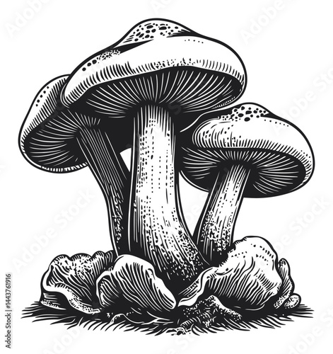 Detailed Hand-Drawn Engraving of Three Mushrooms in Black and White