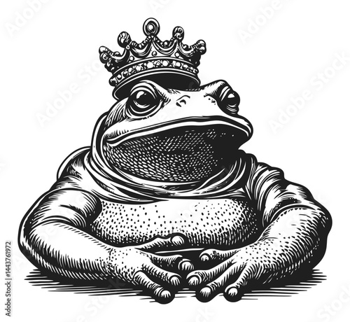 Regal Frog Illustration in Engraving Style with Crown on Head