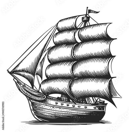 Hand-Drawn Engraving of a Classic Ship with Detailed Sails