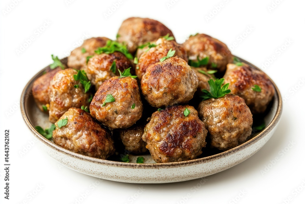 Swedish meatballs, isolated on plate, white background. AI generated illustration. Swedish meatballs, isolated on plate, white background. AI generated illustration.
