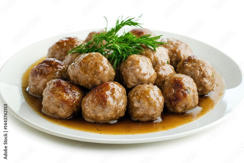 Swedish meatballs, isolated on plate, white background. AI generated illustration. Swedish meatballs, isolated on plate, white background. AI generated illustration.