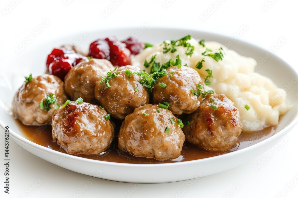 Swedish meatballs, isolated on plate, white background. AI generated illustration. Swedish meatballs, isolated on plate, white background. AI generated illustration.