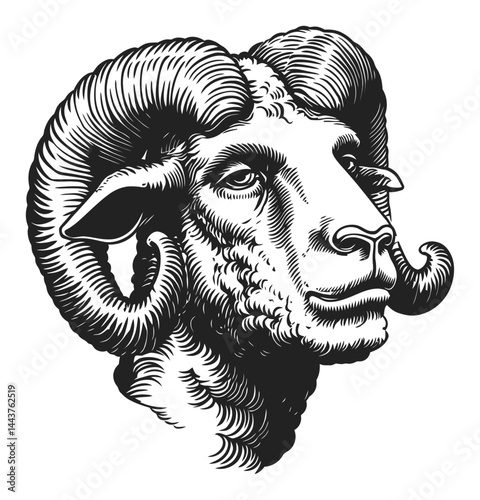 Hand-Drawn Engraving Illustration of a Majestic Ram Head