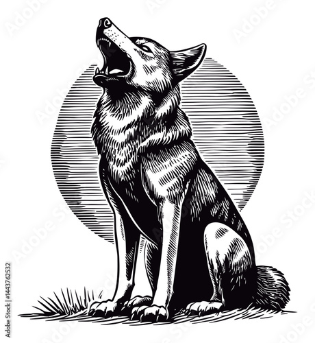 Hand Drawn Engraving of a Howling Dog Against a Moonlit Background