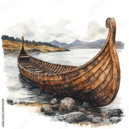 watercolor of Norwegian Viking Ship Sailing In The Fjords, vector, isolated on a white background.