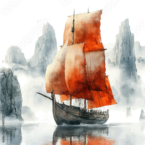 illustration of Norwegian Viking Ship Sailing In The Fjords, watercolor vector, isolated on a white background.