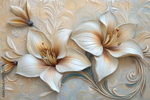 Ornate floral design in pastel tones, a three-dimensional effect.