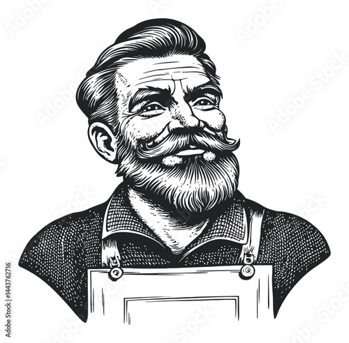 Vintage Engraving of a Hand-Drawn Bearded Man with Apron