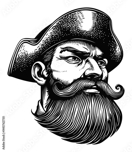 Detailed Hand-Drawn Engraving of a Bearded Man in a Hat
