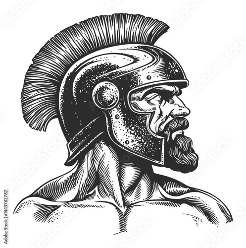 Detailed Hand-Drawn Engraving of a Spartan Warrior Profile