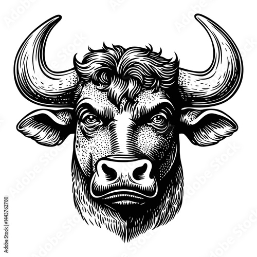Detailed Hand-Drawn Engraving of a Bull's Head Illustration