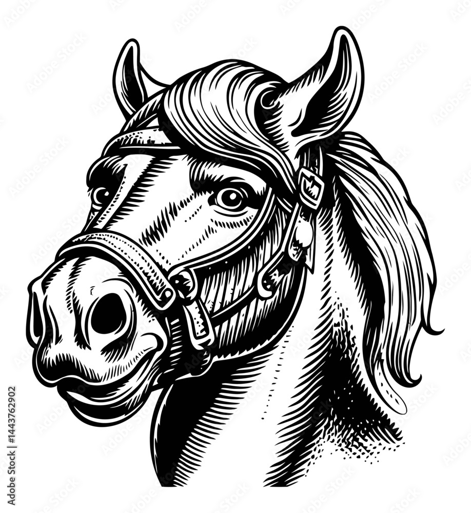 © PRI - Detailed Hand-Drawn Engraving of a Majestic Horse Head Illustration