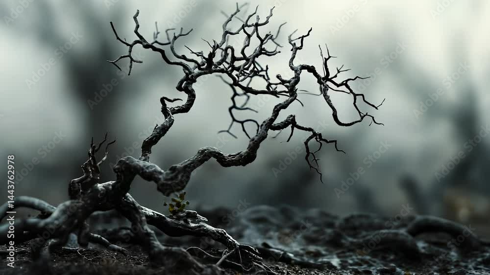 A small, twisted, leafless tree stands alone in a barren, desolate landscape. The background is blurred, giving an eerie and somber atmosphere to the scene.