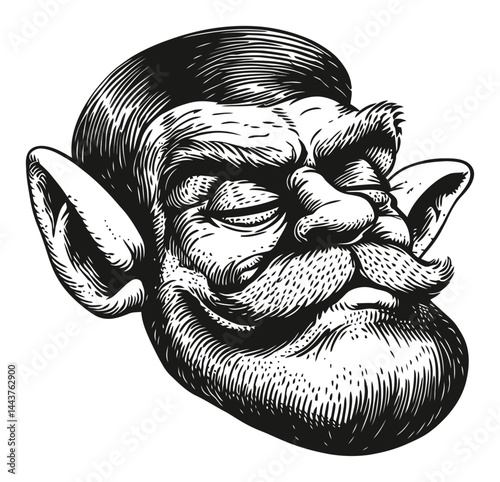 Intricate Hand-Drawn Engraving of a Unique Character Face Illustration