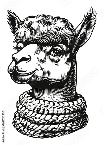 Detailed Hand-Drawn Engraving of a Charming Alpaca Illustration