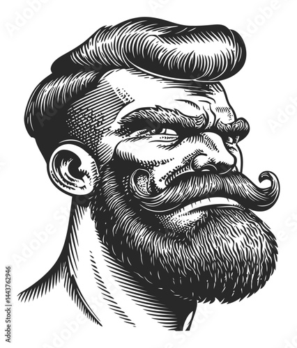 Vintage Hand-Drawn Engraving of a Male with a Mustache and Hairdo