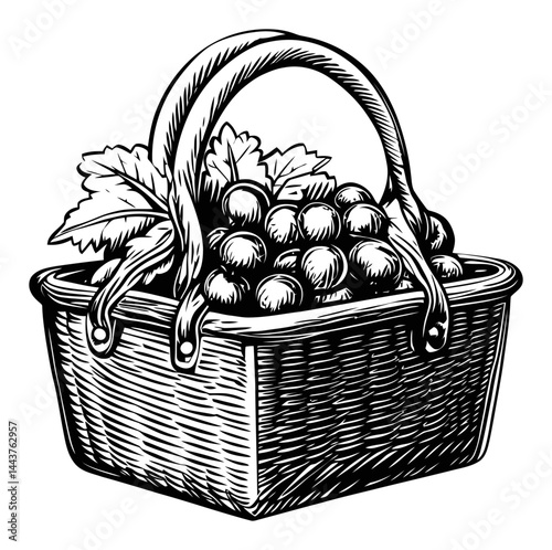 Hand-Drawn Engraving of a Basket Filled with Grapes and Leaves