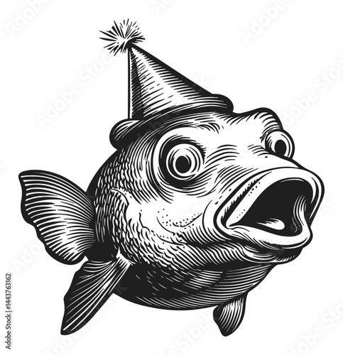 Whimsical Fish Illustration with Party Hat and Festive Expression