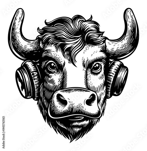 Detailed Hand-Drawn Engraving of a Bull Wearing Headphones
