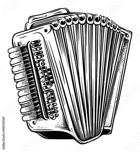Vintage Engraving of a Hand Drawn Accordian Musical Instrument