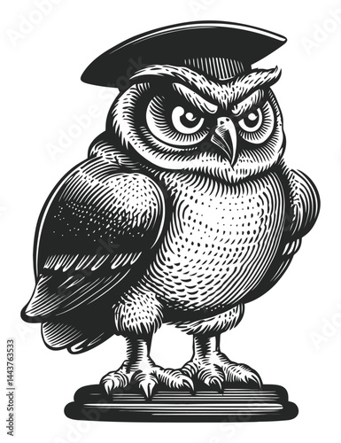 Engraving of a Wise Owl with Graduation Cap in Vintage Style