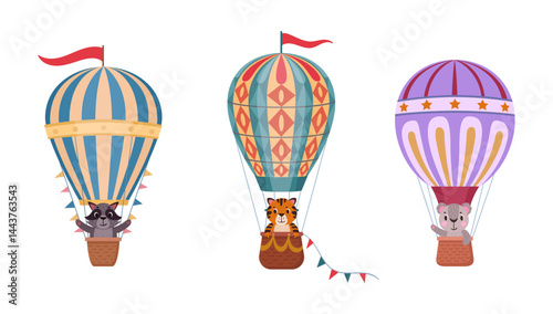 Cute animals flying on air transport. Flying hot air balloon with animals on board flat vector illustration set. Animals on retro hot air balloons