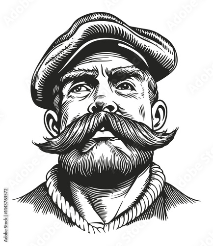 Detailed Hand-Drawn Engraving of a Mustached Man in Cap