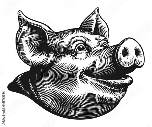 Detailed Hand-Drawn Engraving of a Smiling Pig Head Illustration