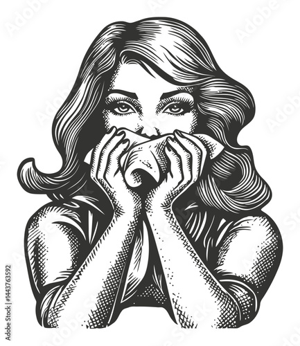 Vintage Engraving of a Woman Holding a Scroll in a Hand-Drawn Style