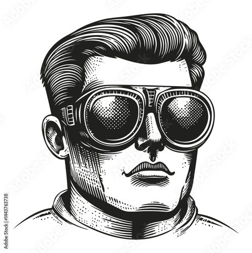 Vintage Hand-Drawn Engraving of a Man Wearing Goggles