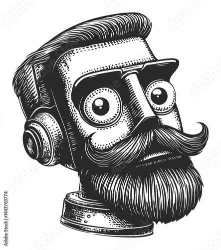 Vintage Engraving of a Retro Robot with Mustache and Headphones