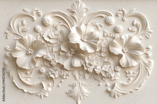 Ornate, decorative, floral, relief, carving, design, on a light background.