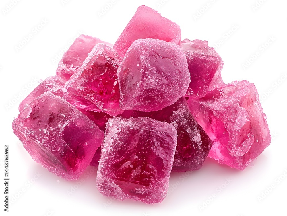 Obraz premium A close-up shot reveals a delightful pile of vibrant pink translucent sugar candy cubes on a pristine white background.