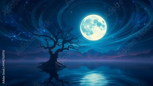 A surreal nighttime landscape illuminated by a massive luminescent moon, pulsating with cosmic energy. A single ancient tree, gnarled and twisted, rises from a reflective water surface, its silhouette