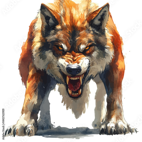 Norse Wolf Fenrir Battling Odin In Ragnarok, watercolor vector, isolated on a white background.
