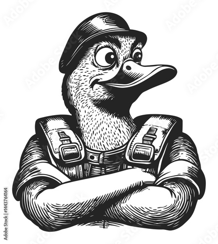 Detailed Hand-Drawn Illustration of a Duck in Military Attire
