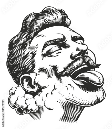 Hand-Drawn Engraving Illustration of a Man with Mustache and Foam