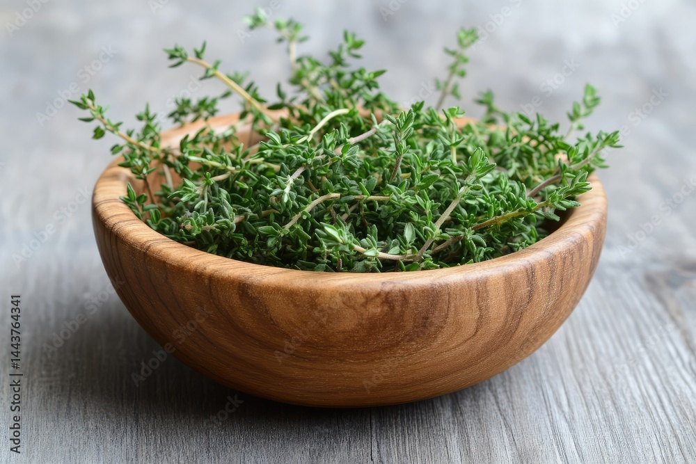 Thyme in wooden bowl. AI generated illustration. Thyme in wooden bowl. AI generated illustration.