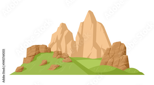 Rocky mountain. Cartoon mountain range, outdoor hiking, nature landscape mountain peak flat vector illustration. Huge mountain on white background