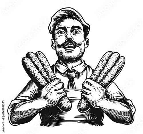 Vintage Hand-Drawn Engraving of a Baker Holding Fresh Baguettes