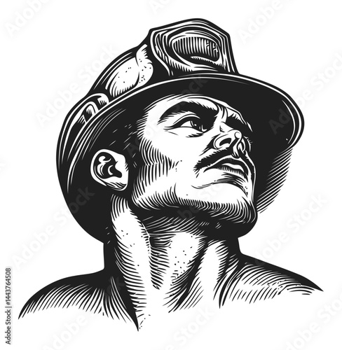 Hand-Drawn Engraving of a Determined Miner Looking Upward