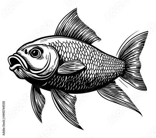Hand-Drawn Engraving Illustration of a Goldfish Swimming Gracefully