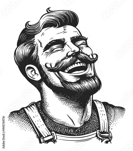 Vintage Hand-Drawn Illustration of a Laughing Bearded Man