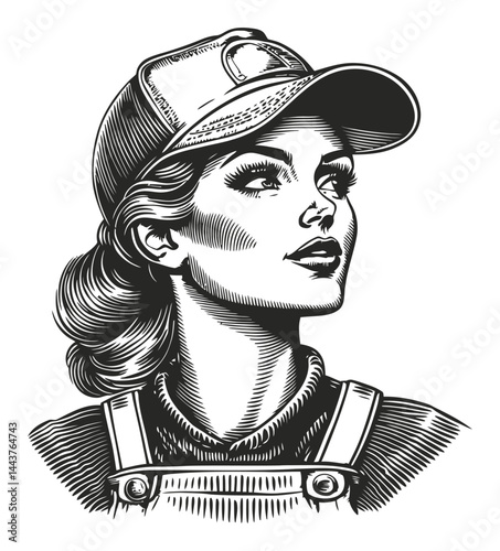Vintage Hand-Drawn Engraving of a Confident Woman in Cap