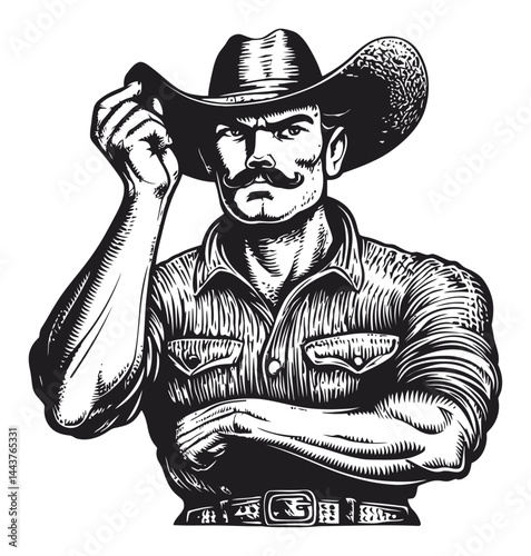 Vintage Hand-Drawn Cowboy Engraving Illustration for Western Theme
