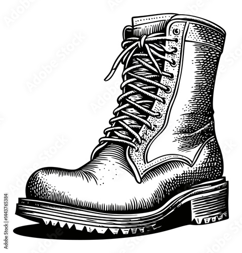 Hand-Drawn Engraving of Classic Military Boot Illustration Art