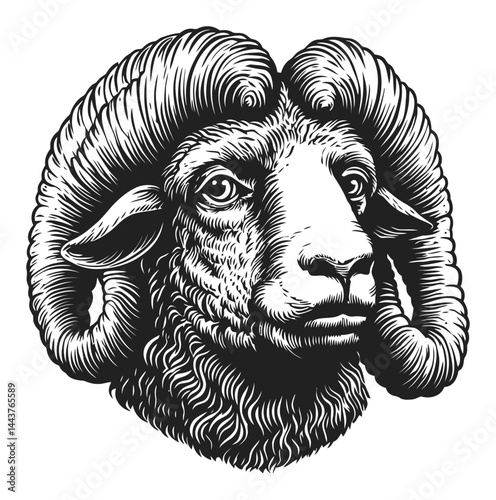 Detailed Hand-Drawn Engraving of a Sheep Head with Curly Horns