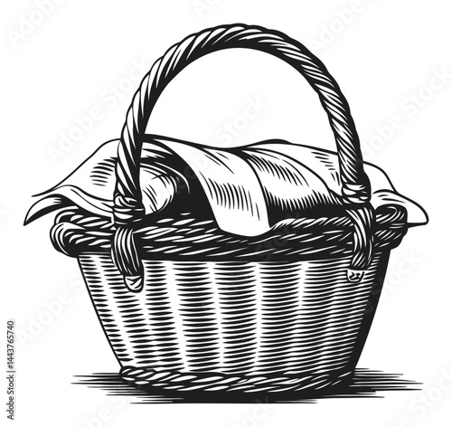 Hand-Drawn Engraving of a Classic Woven Basket with Blanket